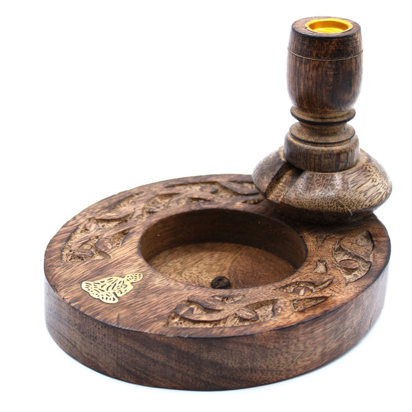 Porte-encens rond en manguier avec médaillon Bouddha en laiton, colonne à insert et large creux