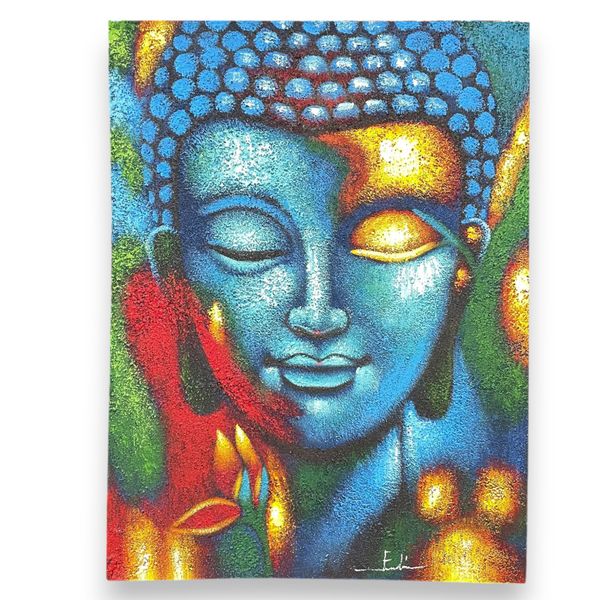 Toile peinte main signée, visage de Bouddha bleu sur fond rouge, vert et or avec fleur de lotus, 75 × 55 cm