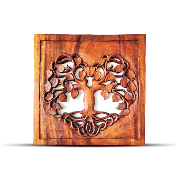 Panneau mural carré 40 x 40 cm en bois de suar : arbre de vie en cœur ajouré, cadre massif