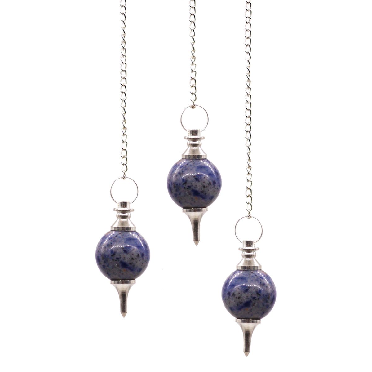 Pendules sphère en sodalite bleu nuit veinée de blanc, embout argenté et pointe fine, chaîne et anneau