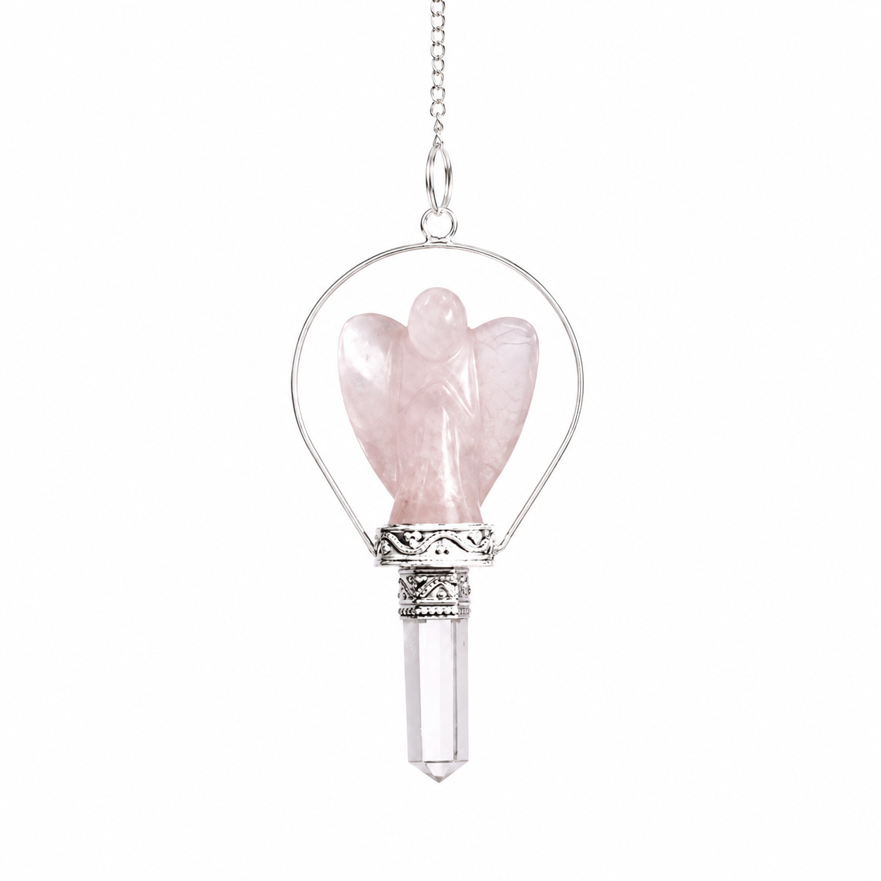 Pendule ange taillé dans un quartz rose, avec sa chaîne argentée et son anneau