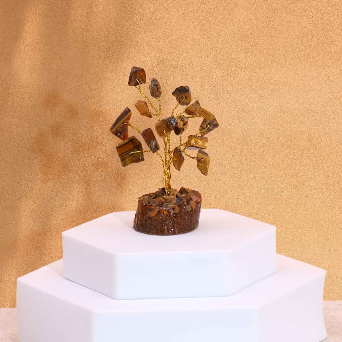 Mini arbre d'œil de tigre sur socle en bois, 15 pierres
