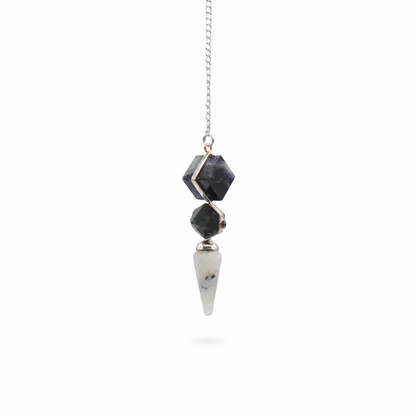 Pendule trois pièces en fluorite multicolore, labradorite et pierre de lune