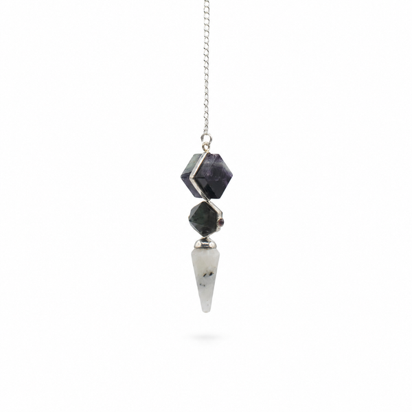 Pendule trois pièces en fluorite multicolore, labradorite et pierre de lune