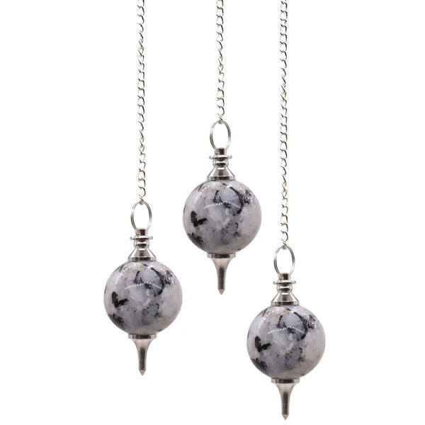 Pendules sphère en pierre de lune arc-en-ciel laiteuse, embout argenté et pointe fine, chaîne et anneau