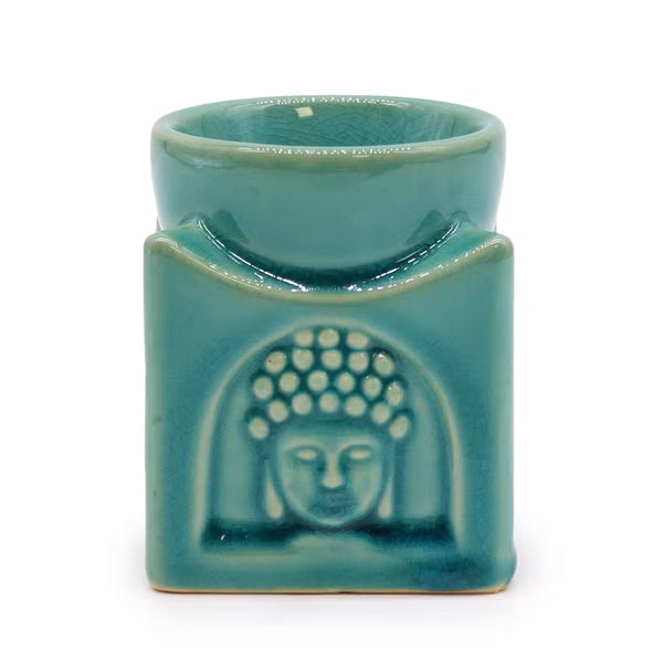Brûle-parfum carré au Bouddha en relief, émail turquoise doux