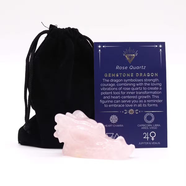 Tête de dragon sculptée en quartz rose avec pochette et carte, 6 cm