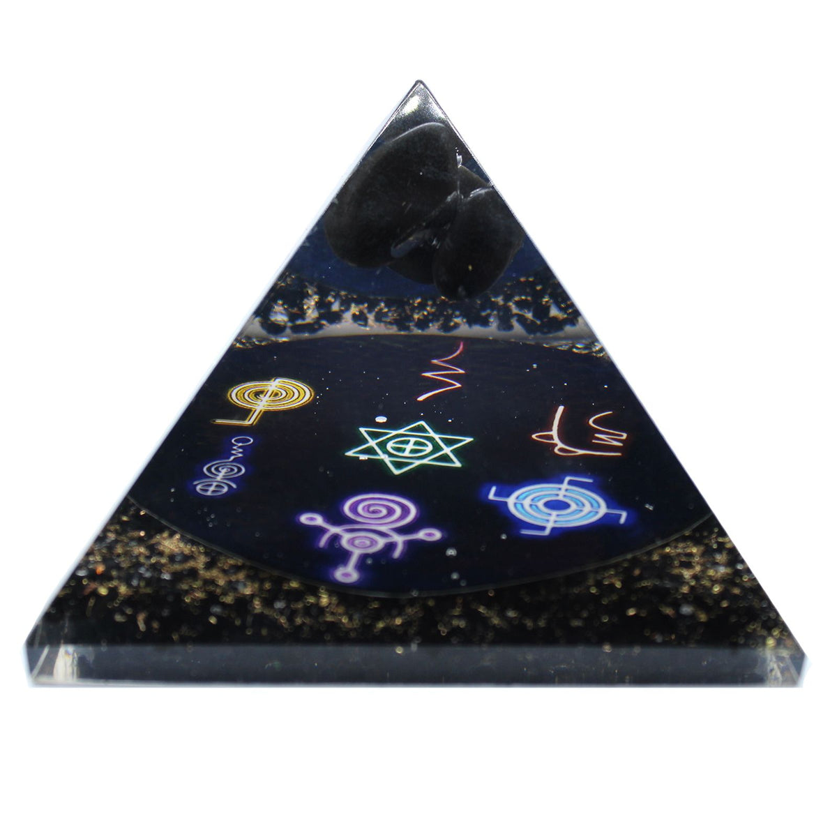 Grande pyramide en orgonite noire gravée des symboles Reiki, 90 mm
