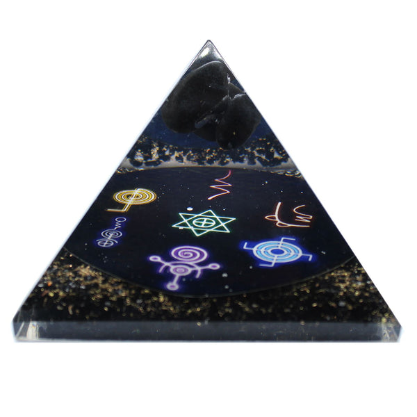 Grande pyramide en orgonite noire gravée des symboles Reiki, 90 mm