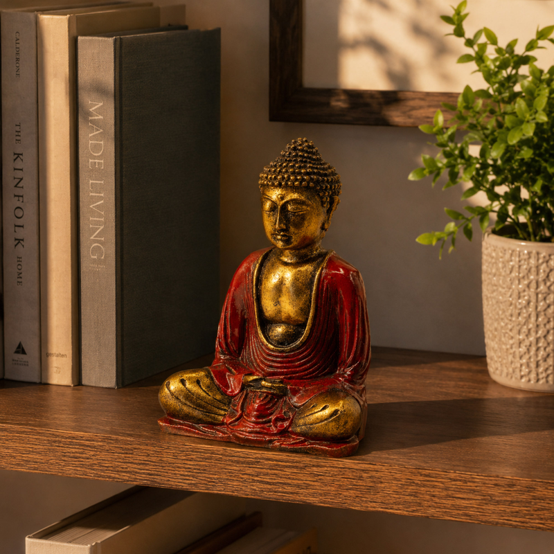 Bouddha de Bali 15 cm en résine peinte main, robe rouge et or