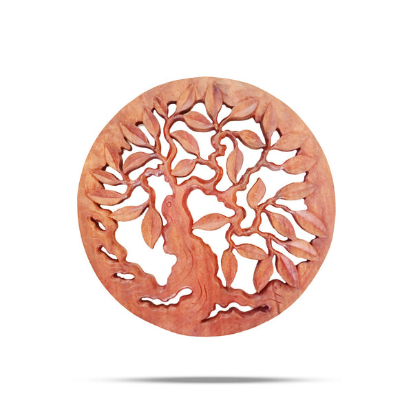 Petit panneau mural rond de 30 cm en bois de suar : arbre de vie au feuillage en relief