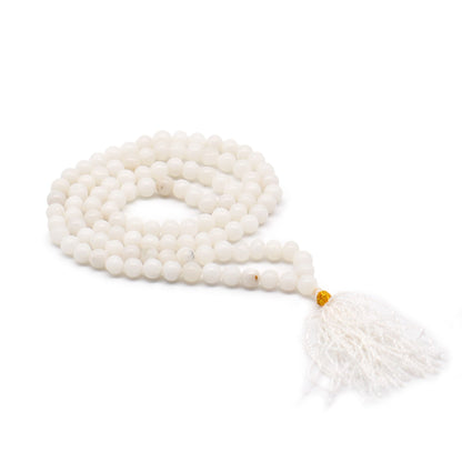 Mala de 108 perles de quartz blanc opaque avec pompon
