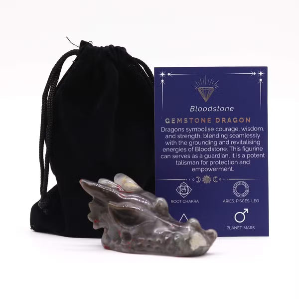 Tête de dragon sculptée en héliotrope avec pochette et carte, 6 cm