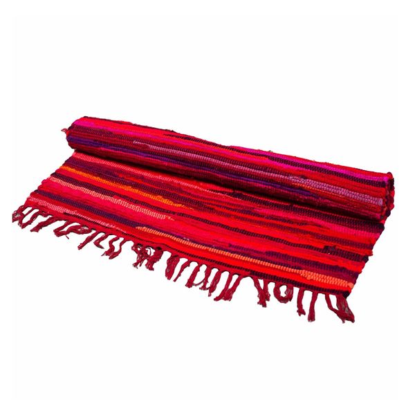 Tapis chindi 150 x 90 cm déplié, camaieu de rouges coquelicot et grenat, franges rouges