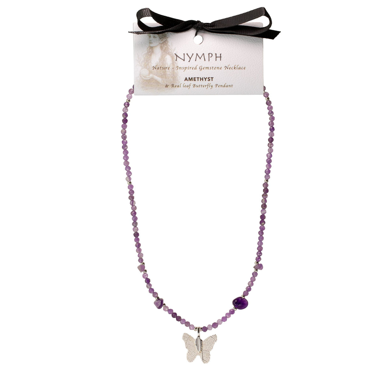 Collier Améthyste – Pendentif Papillon en Véritable Feuille