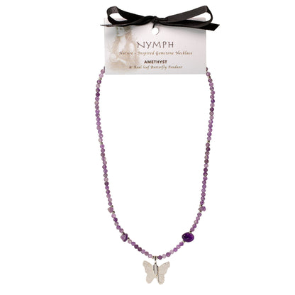 Collier Améthyste – Pendentif Papillon en Véritable Feuille