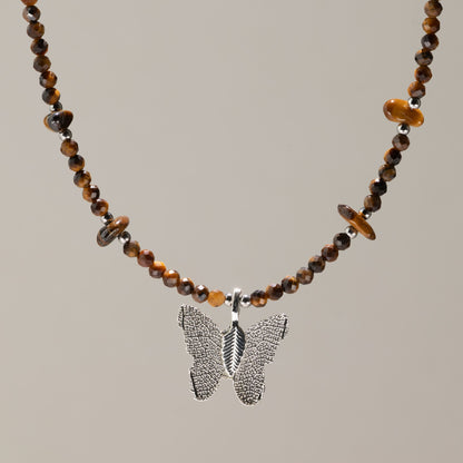 Collier Œil de Tigre – Pendentif Papillon en Véritable Feuille