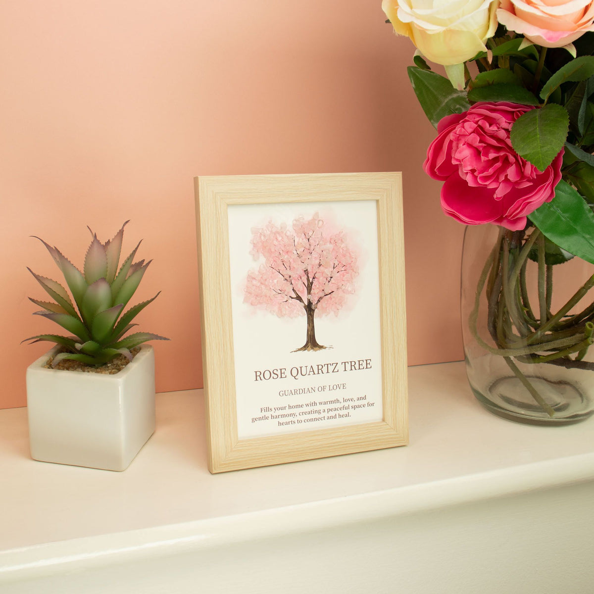 Tableau Arbre de Vie en Quartz Rose – Cadre Bois 21 × 15,5 cm