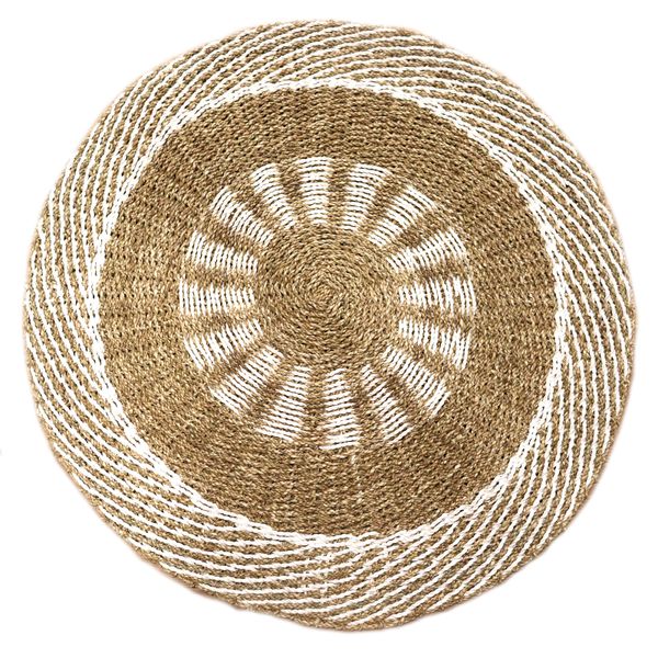 Tapis rond en jonc de mer d'un mètre, grand disque central à rayons naturels cerné d'un anneau blanc
