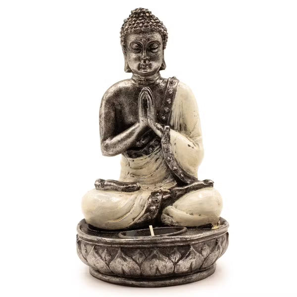 Bougeoir Bouddha blanc en résine peinte main, 17 cm