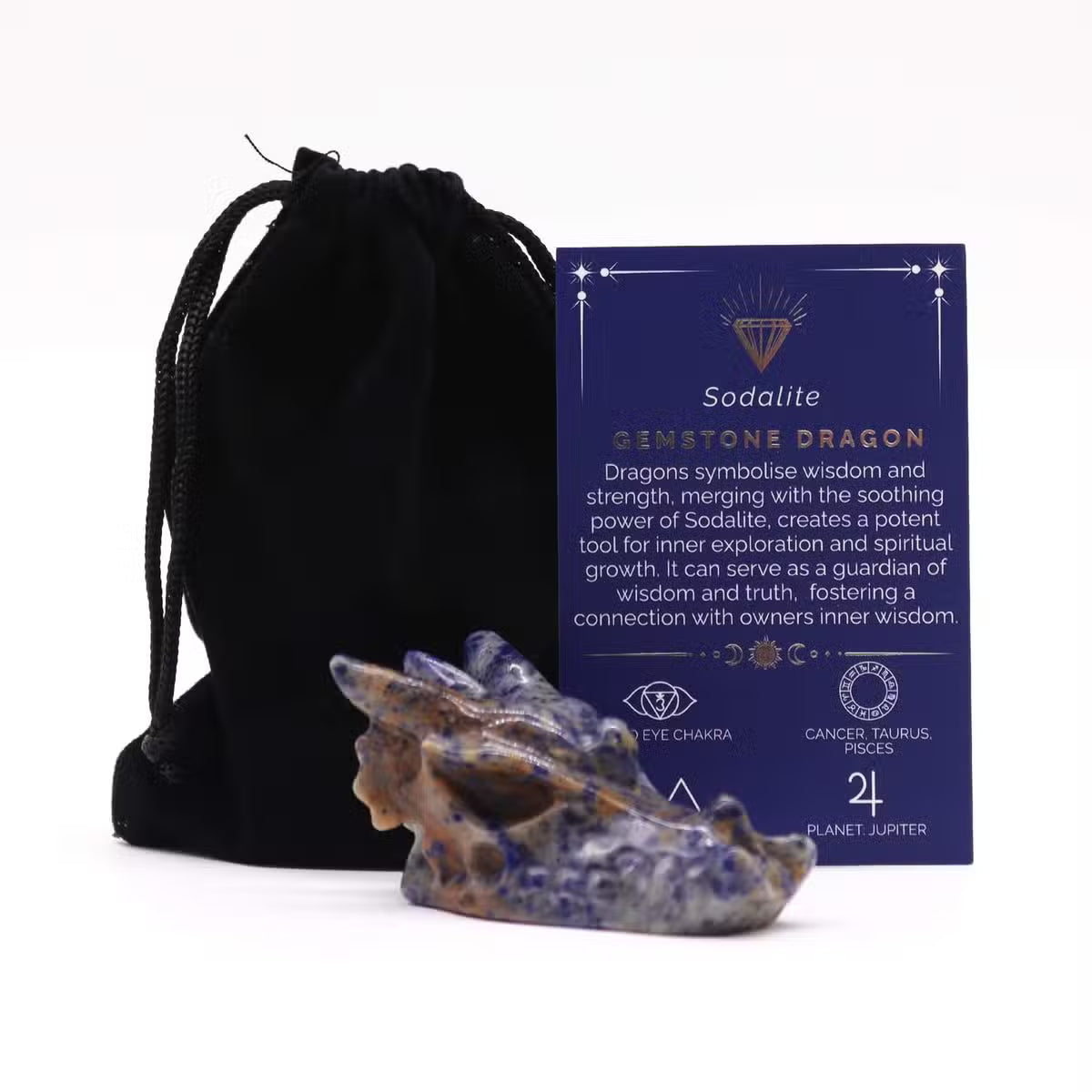 Tête de dragon sculptée en sodalite avec pochette et carte, 6 cm