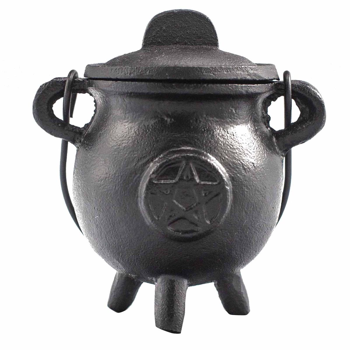 Chaudron en fonte à trois pieds avec couvercle et anse mobile, pentagramme cerclé en relief
