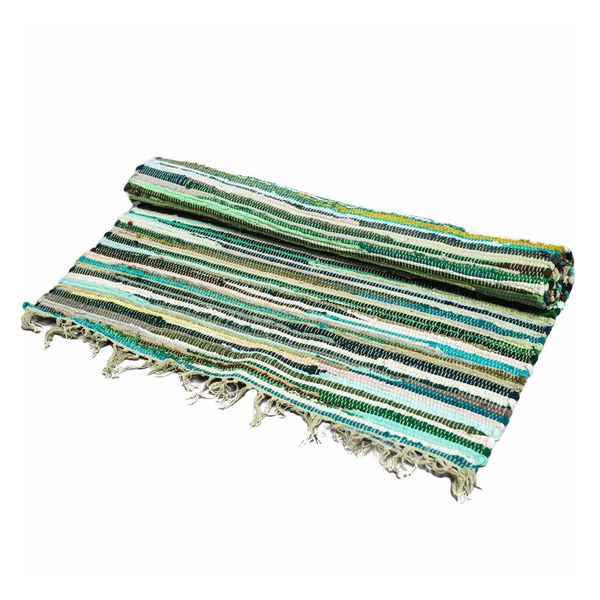 Tapis chindi 150 x 90 cm roulé, camaieu de verts sauge et vert d'eau coupé de crème