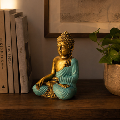 Grand Bouddha de Bali 22 cm en résine peinte main, dorure vieillie et robe turquoise