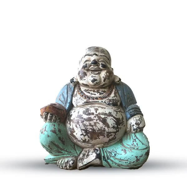 Bouddha rieur en bois sculpté main, patine vintage bleue, 30 cm