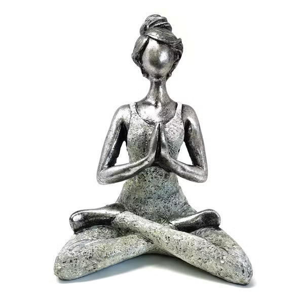 Statuette de femme en position du lotus, argent et blanc, 24 cm