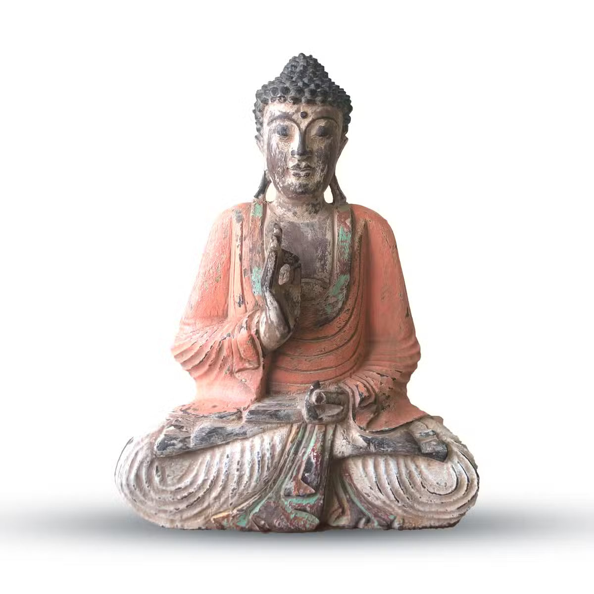Grande statue de Bouddha en bois sculpté main, patine vintage orange, 40 cm