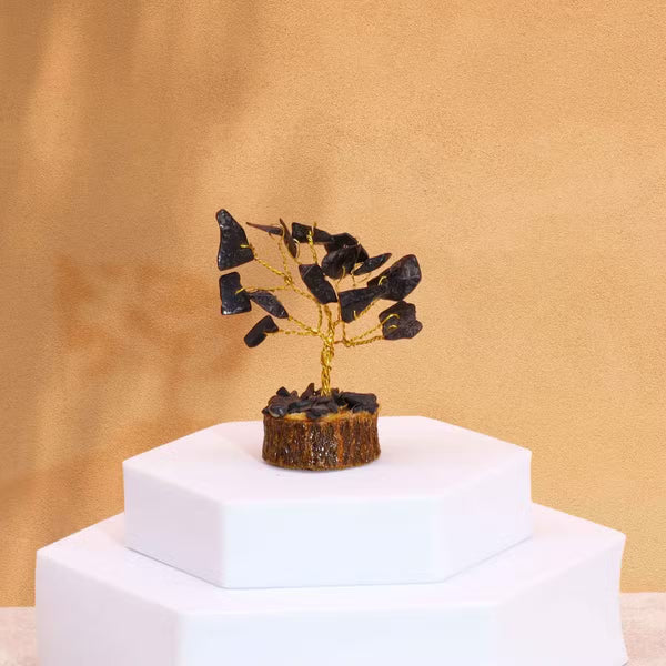 Mini arbre d'agate noire sur socle en bois, 15 pierres