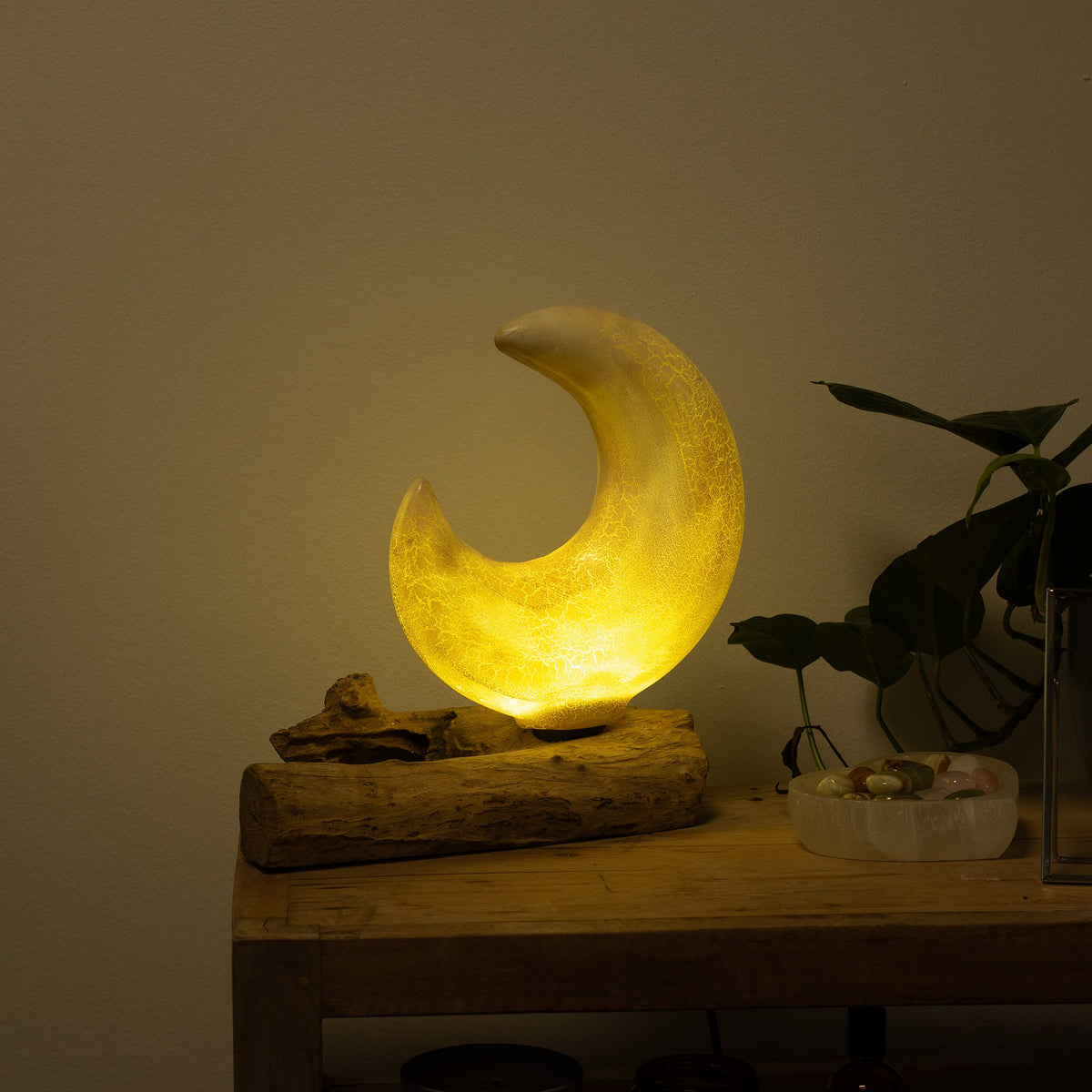 Lampe en Bois Flotté Demi-Lune – Abat-jour Verre Craquelé Gris