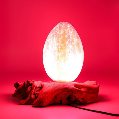 Lampe en Bois Flotté Œuf de Feu – Abat-jour Verre Craquelé Orange