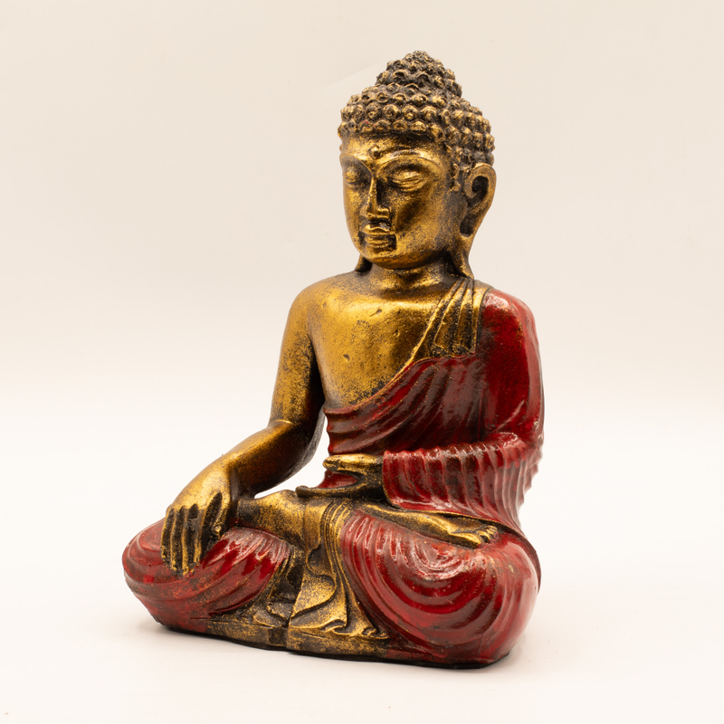 Bouddha rouge et or, détail de la patine