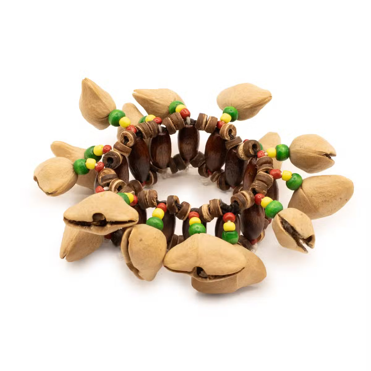 Bracelet sonore à main, 15 coquilles de kenari et perles de bois