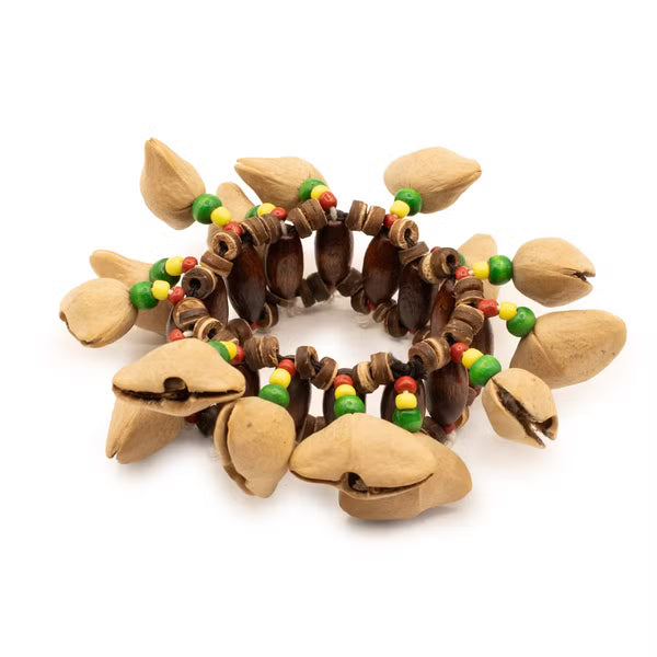 Bracelet sonore à main, 15 coquilles de kenari et perles de bois
