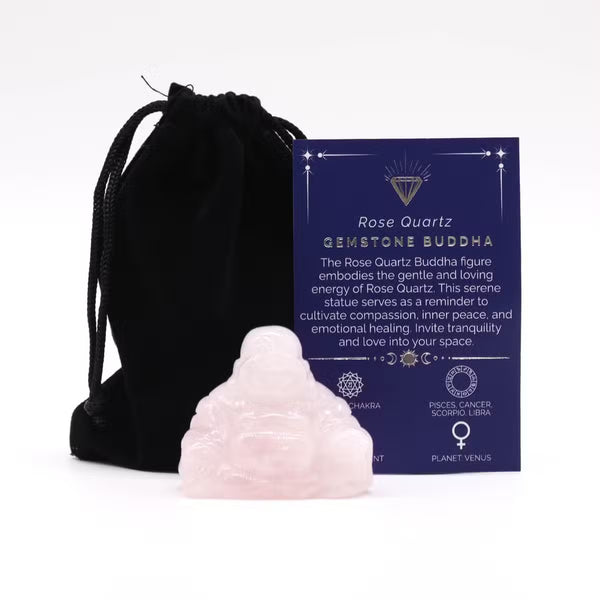 Bouddha rieur sculpté en quartz rose avec pochette et carte, 5 cm