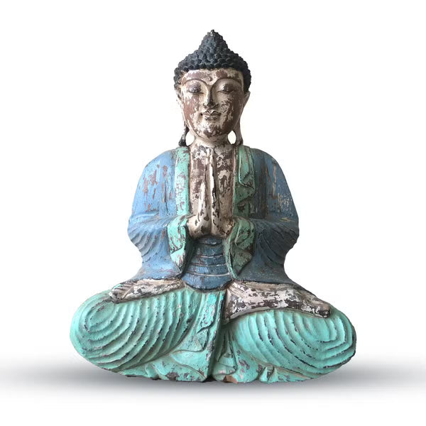 Grande statue de Bouddha mains jointes en bois sculpté main, patine vintage bleue, 40 cm