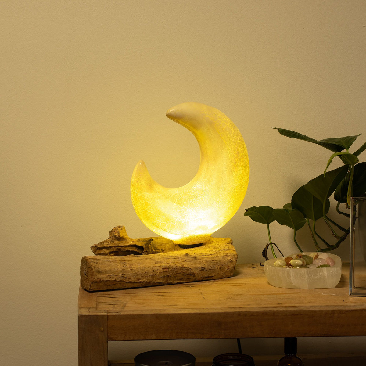 Lampe en Bois Flotté Demi-Lune – Abat-jour Verre Craquelé Gris