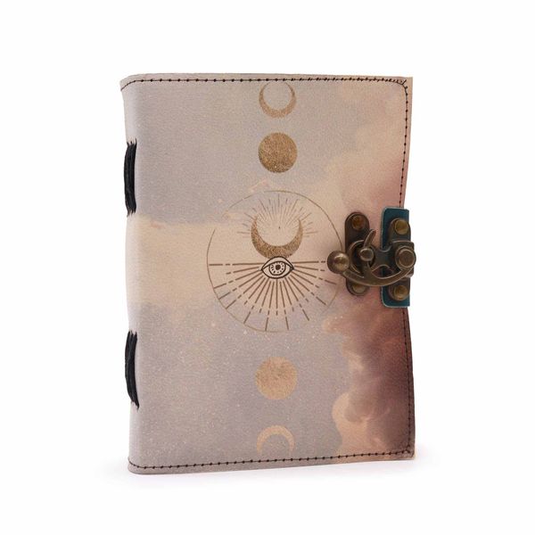 Carnet à couverture imprimée écrue, frise des phases de la lune en doré