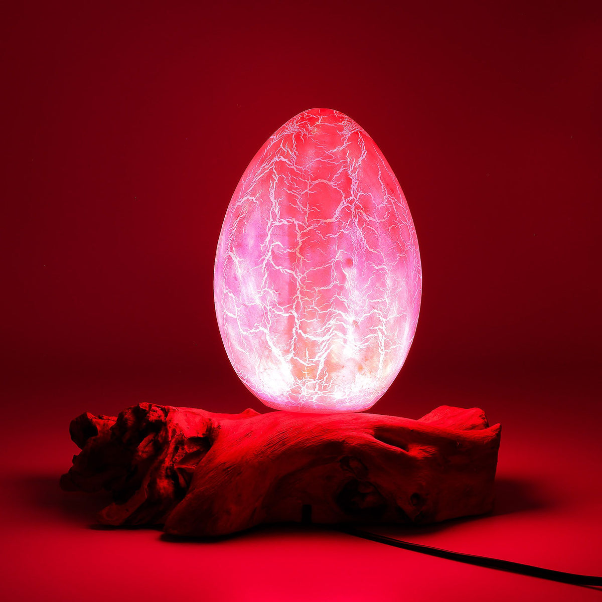 Lampe en Bois Flotté Œuf de Feu – Abat-jour Verre Craquelé Orange