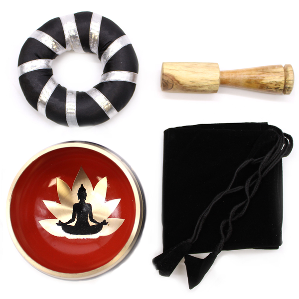 Coffret bol chantant Bouddha noir et orange avec coussin, maillet et pochette
