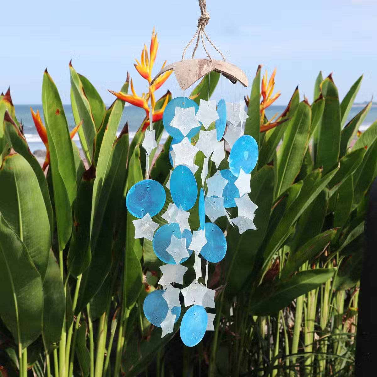 Carillon en noix de coco et capiz, étoiles bleues et blanches