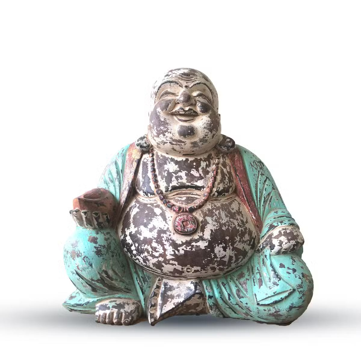 Très grand Bouddha rieur en bois sculpté main, patine vintage vert d'eau, 40 cm