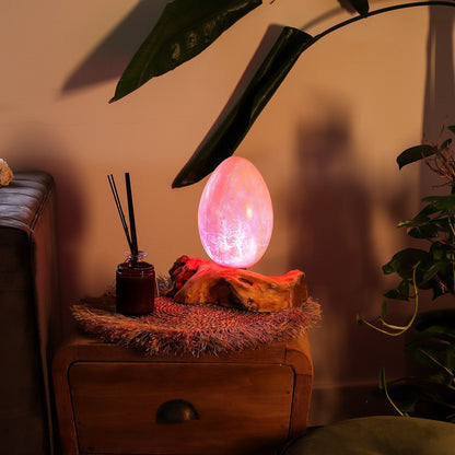 Lampe en Bois Flotté Œuf de Feu – Abat-jour Verre Craquelé Orange