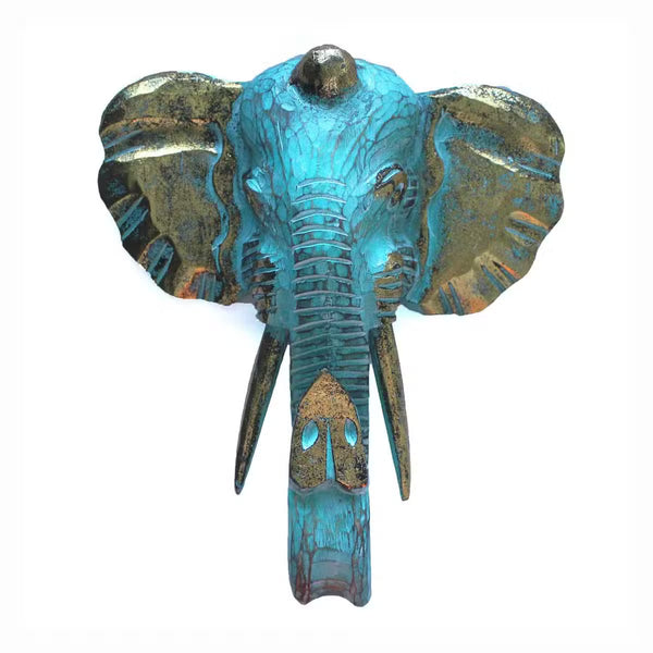 Tête d'éléphant murale en bois sculpté main, patine turquoise et or