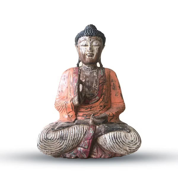 Très grande statue de Bouddha 60 cm en bois sculpté main, patine vintage orange