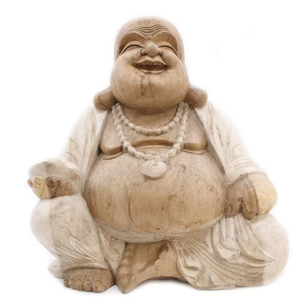 Très grand Bouddha rieur en bois de suar blanchi, 50 cm