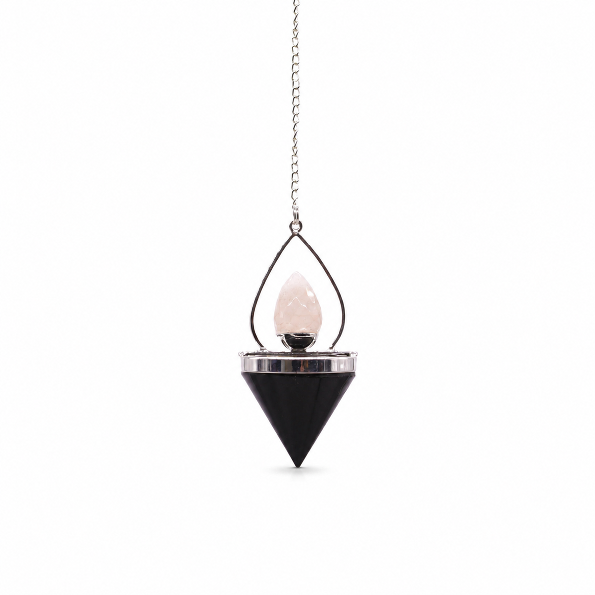 Pendule lanterne à cage métallique ajourée, agate noire et quartz rose